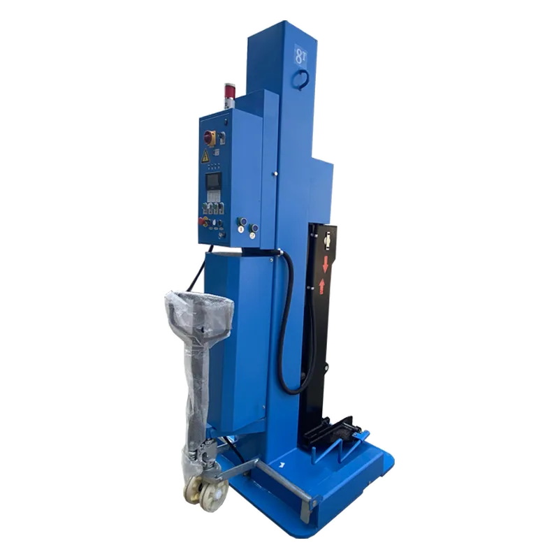 Single hydraulic container lift jack on castors, with integrated control panel and lifting column
