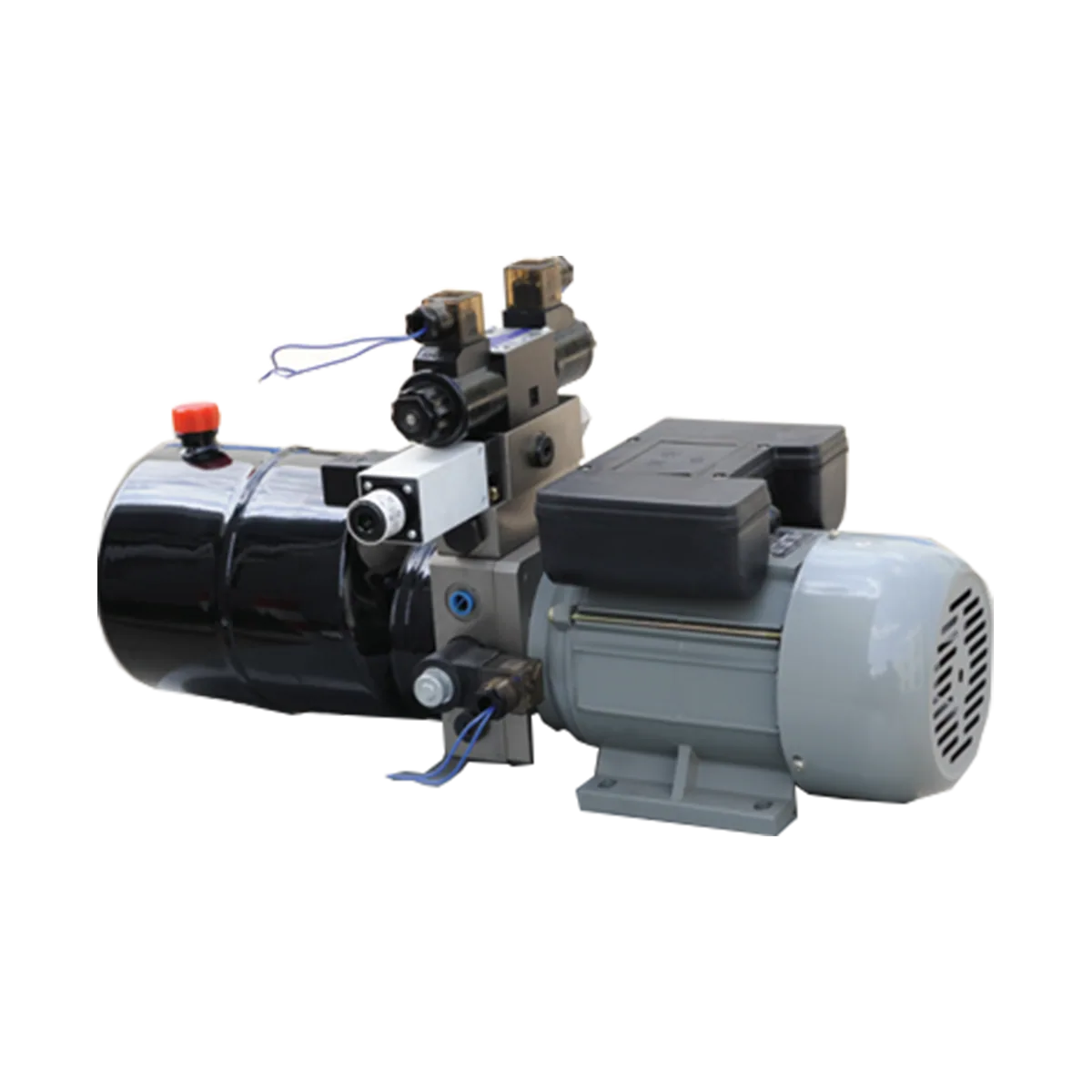 DC hydraulic power unit with motor, gear pump, valve block and rectangular reservoir
