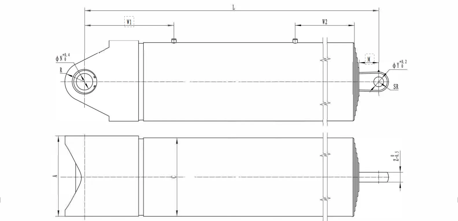 FEE telescopic cylinder outline drawing showing closed length and mounting interface