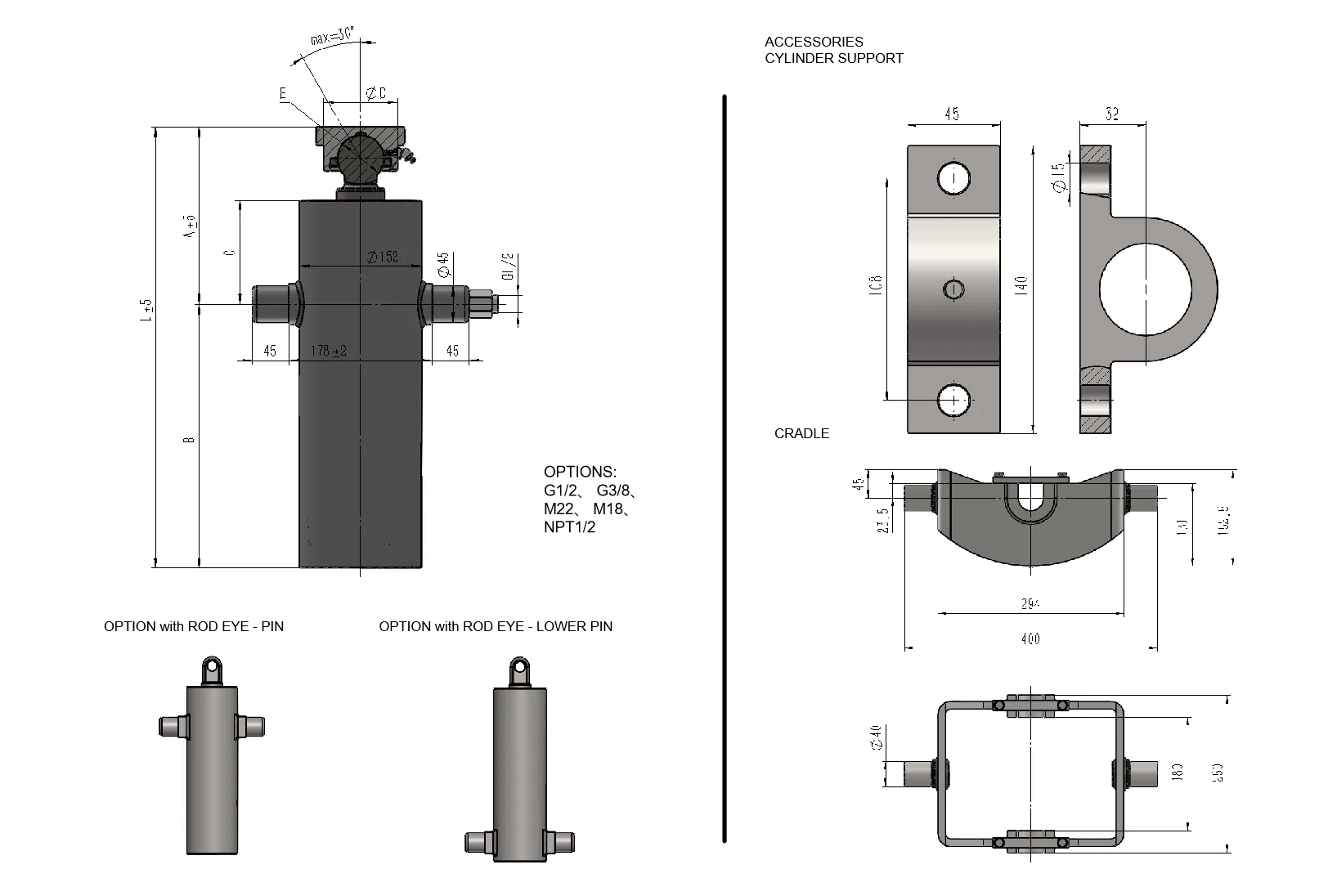 L130 underbody cylinder dimensional drawing with cylinder support and cradle accessories